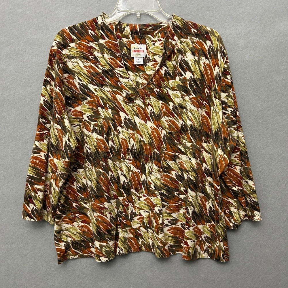 Ruby Rd. Women 1X Top Multicolor Abstract Brushstroke Autumnal Boho V-Neck